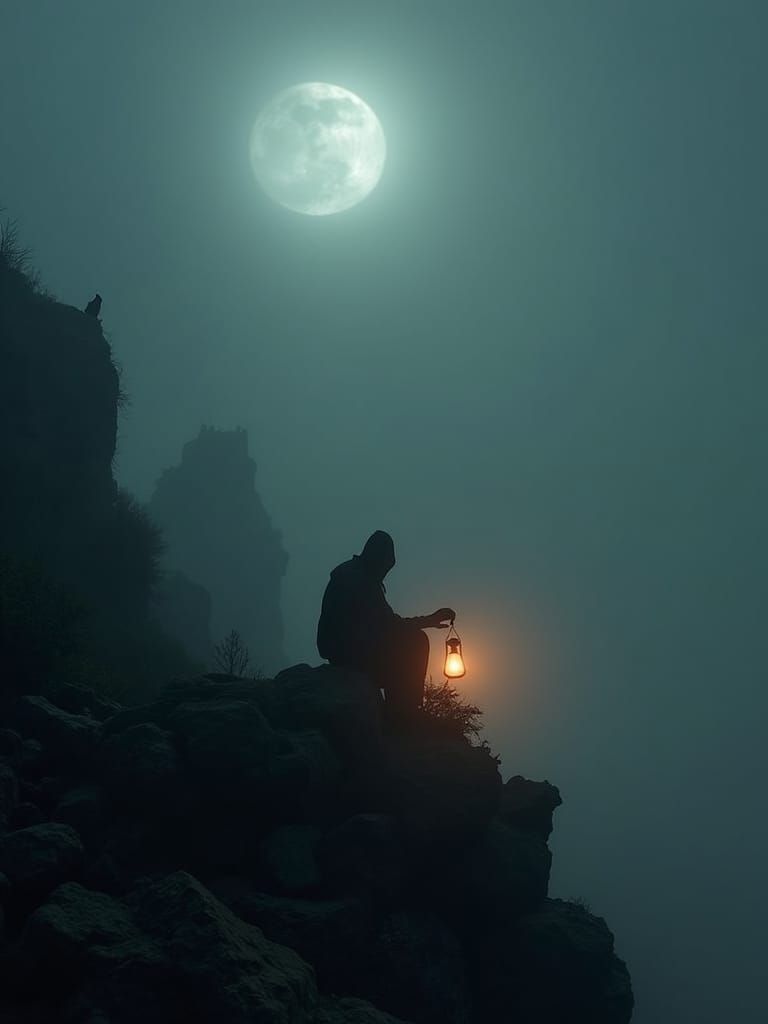 Haunting Moonlight Silhouette on Rocky Ridge