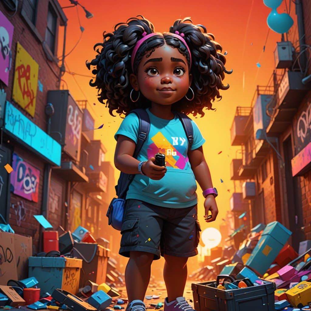 Young Girl Decluttering Her Room in Vibrant Graffiti Art Sty...