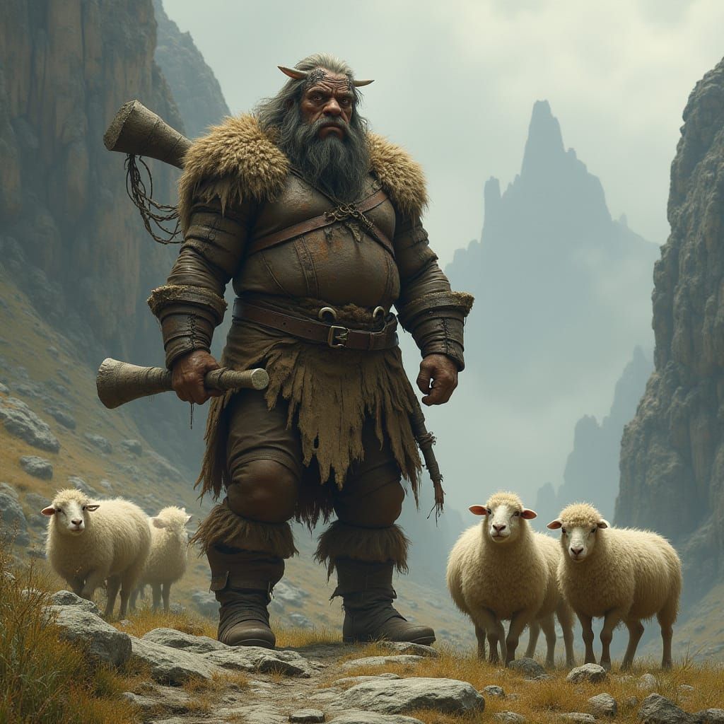 Cyclops Guarding Sheep in Misty Mountains