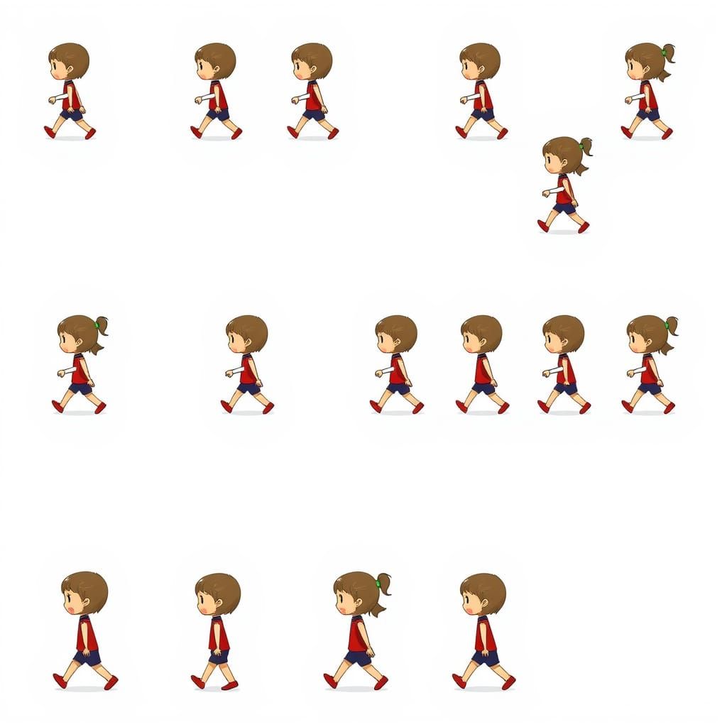 Create a sprite sheet of 16 identical chibi character walking, in multiple angles. There should be 4 lines with each lin...
