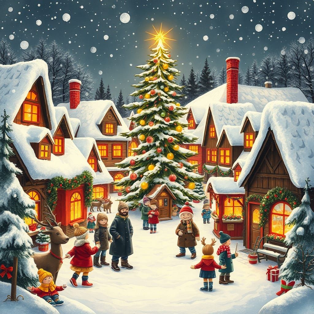 Whimsical Winter Village Christmas Scene Illustration