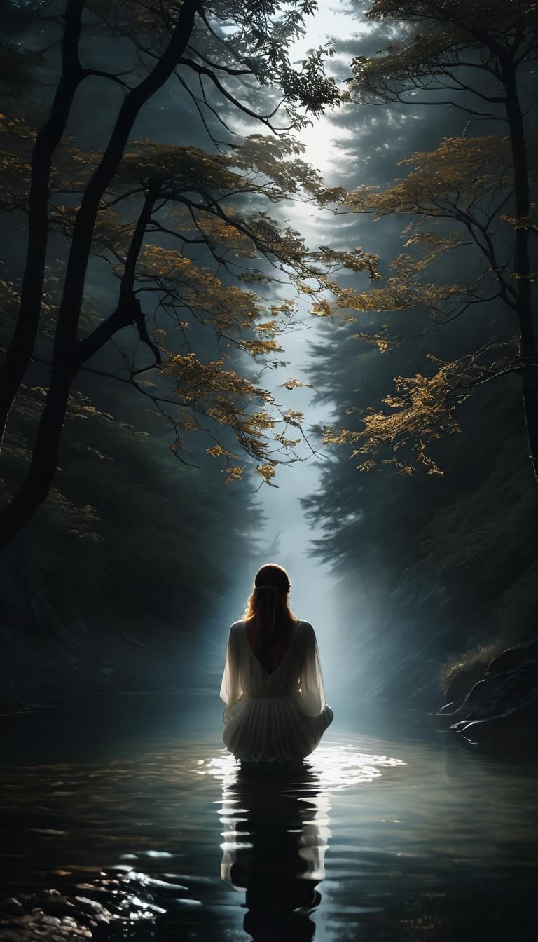 Ethereal Woman Meditating on Misty Mountain Peak