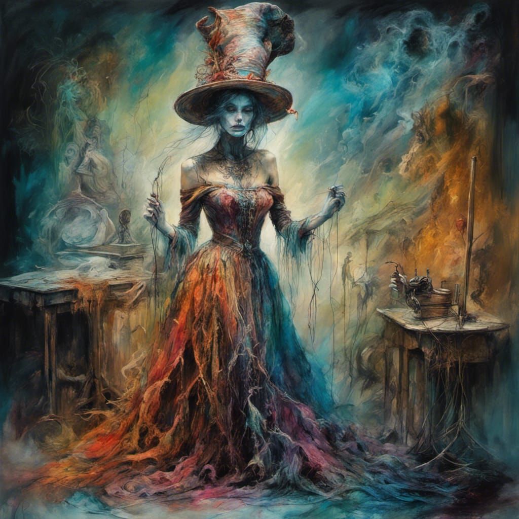 Surreal Witch Tailor Sewing in Dreamscape