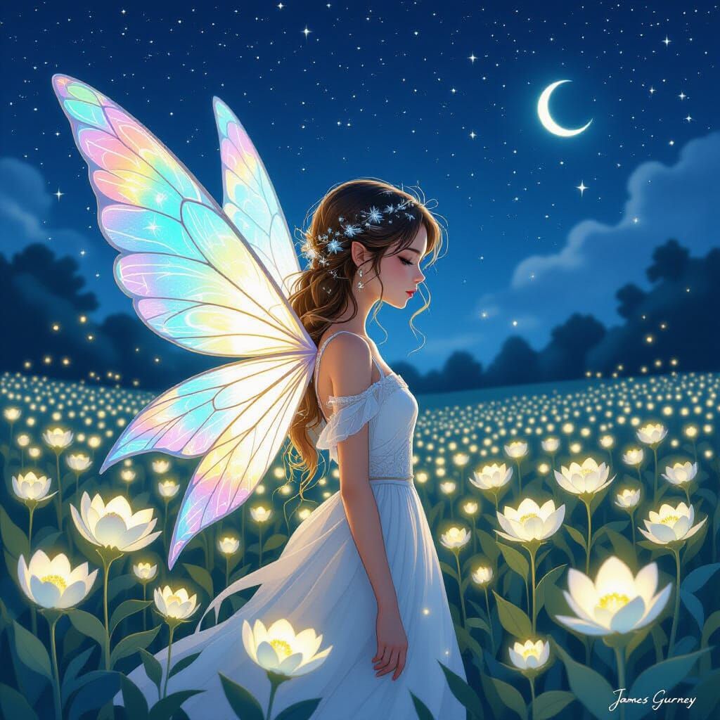 Fairy Woman in Moon Flower Field