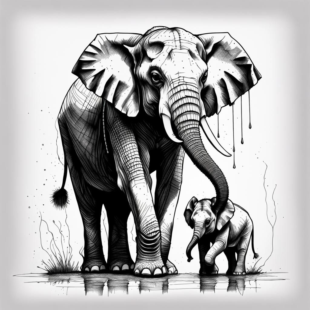 Elephant Line Drawing in Primitivism Style