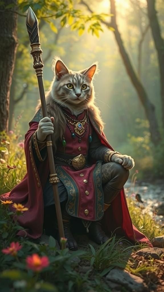 Anthropomorphic Cat Magician in Forest Meadow