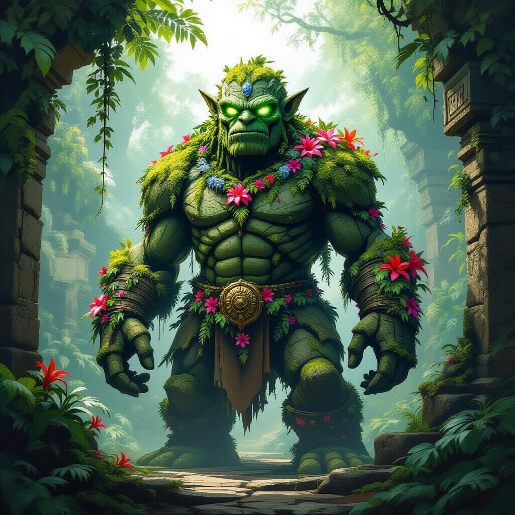 Mossy Stone Golem Guards Jungle Temple, Eyes Aglow
