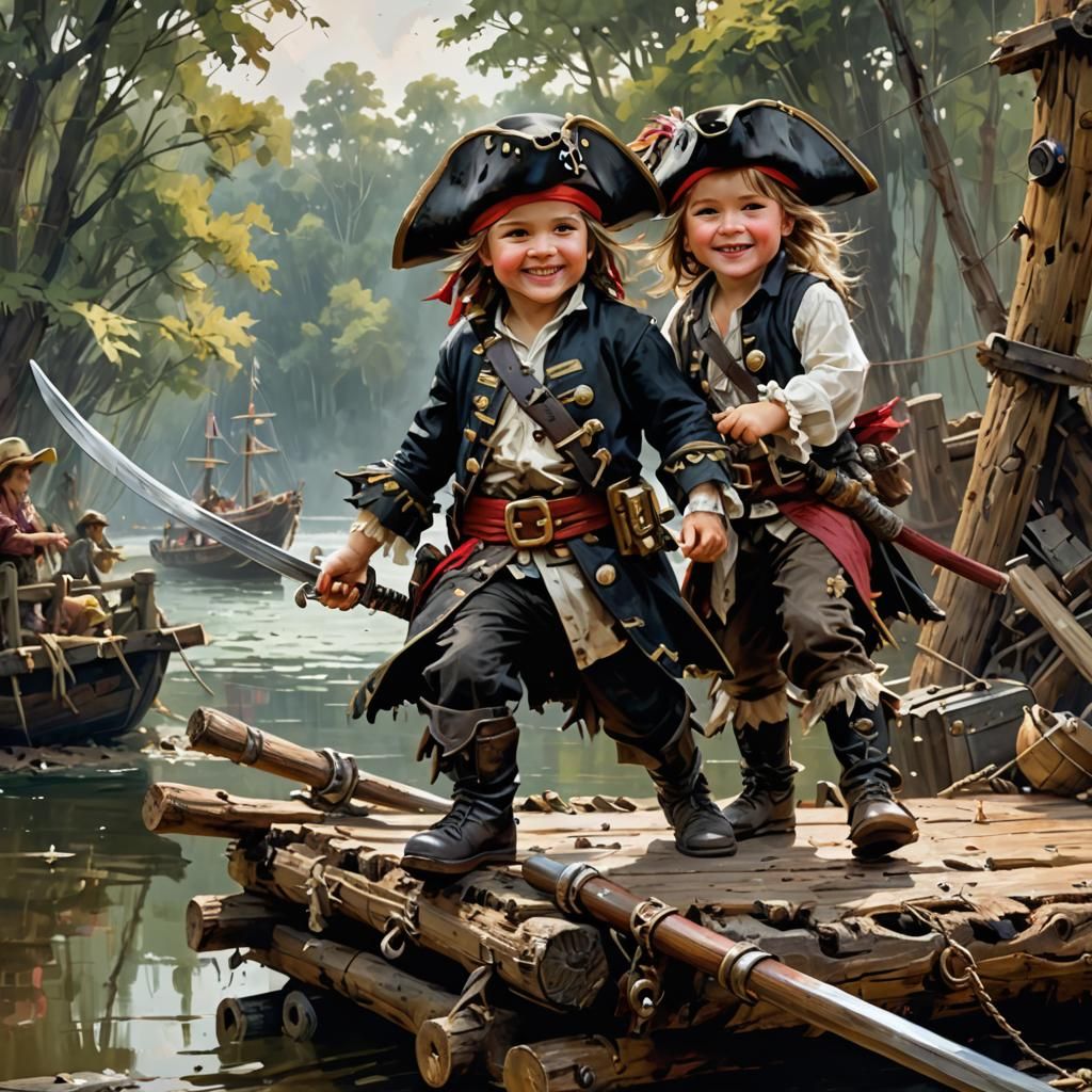 Toddler Pirates Duel on Rustic Log Raft, Fine Art