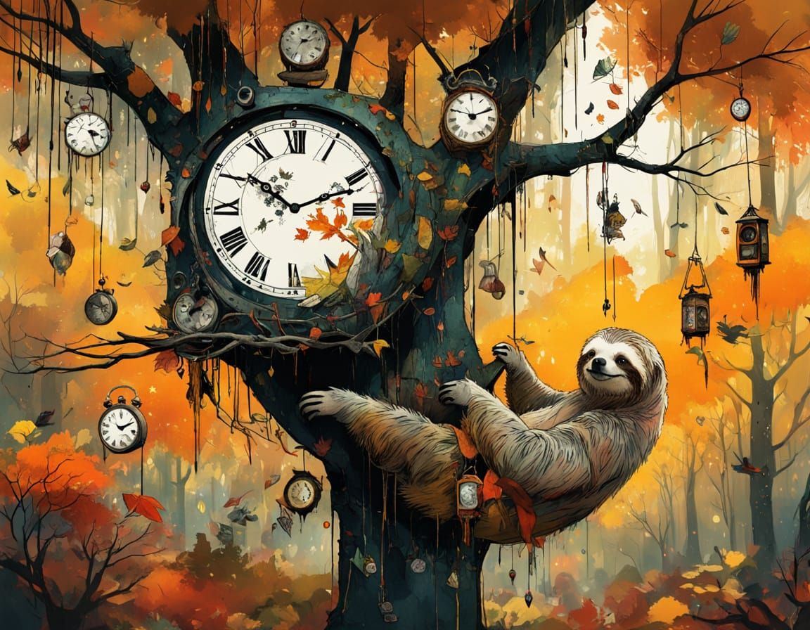 Autumn Forest with Sloth and Hanging Clocks