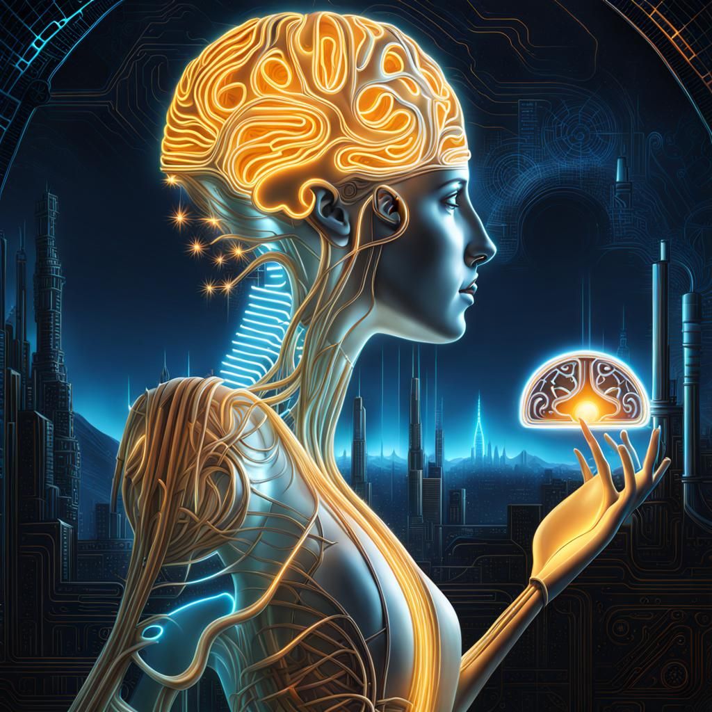 Industrial Brain Art with Brutalist Schematic