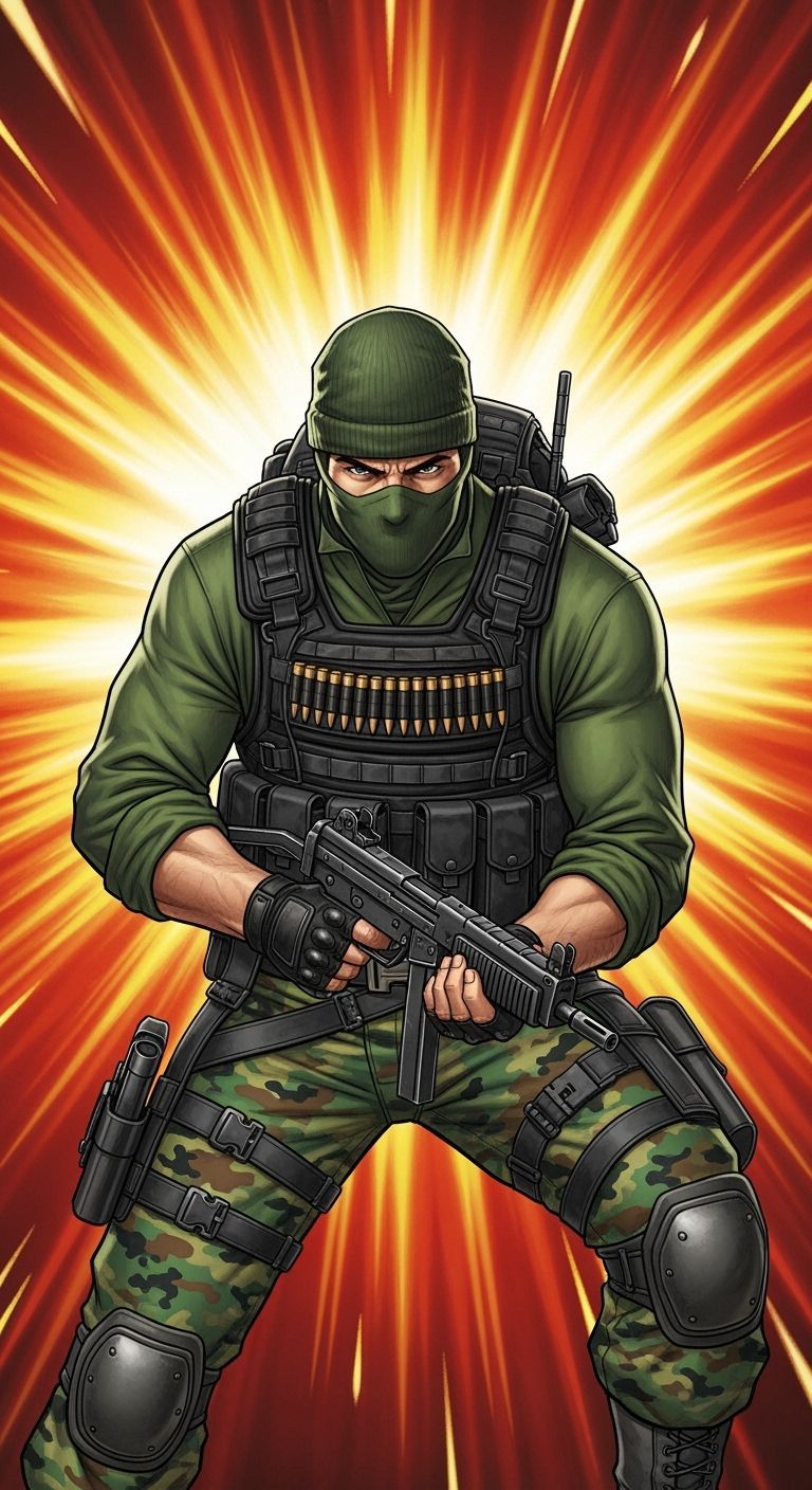 Action Hero in Tactical Gear with Submachine Gun