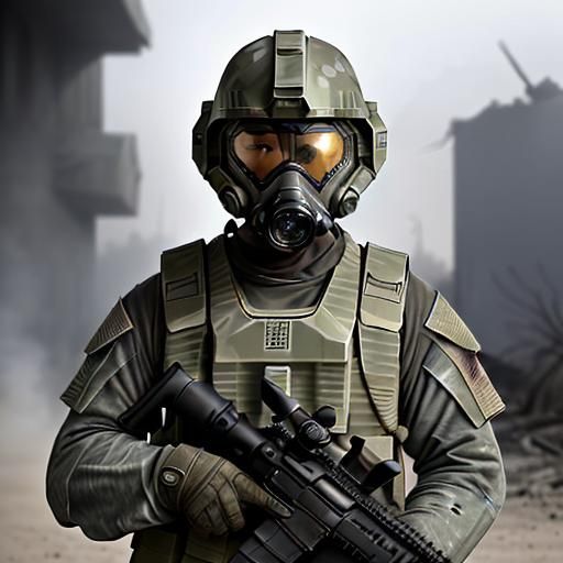 Battle-Hardened Soldier in War-Torn Landscape