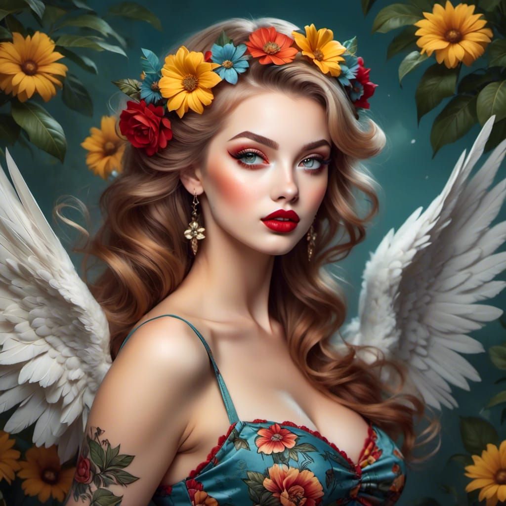 Hippie Angel with Flowers in Pinup Style
