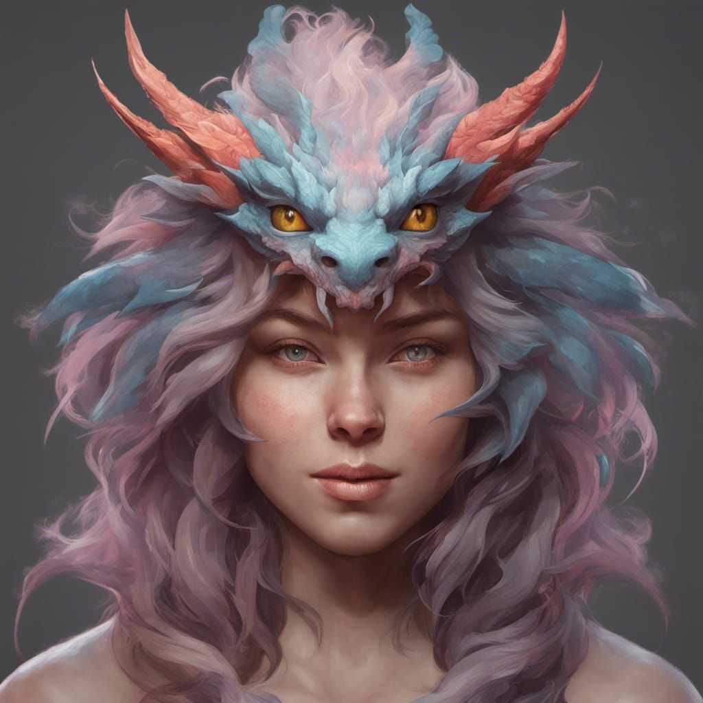 Fluffy Dragon Portrait in Art Nouveau Style