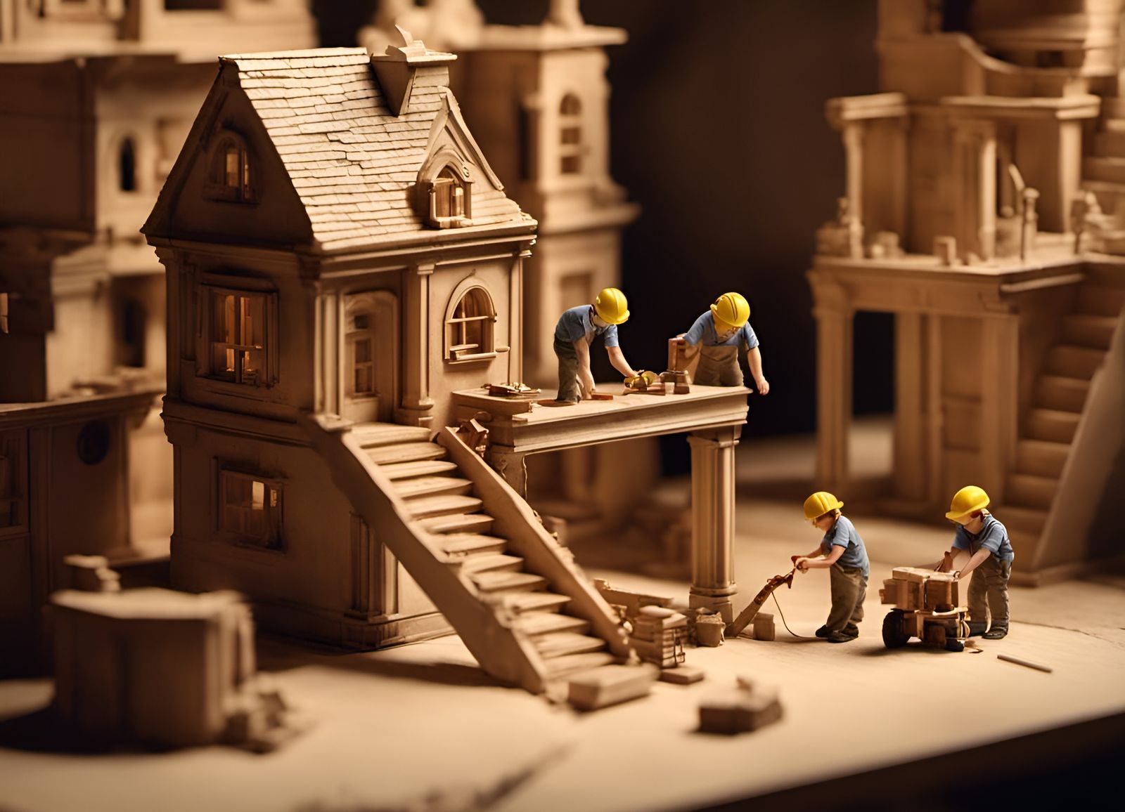 Tiny Builders Teamwork on Fantasy Mansion Model
