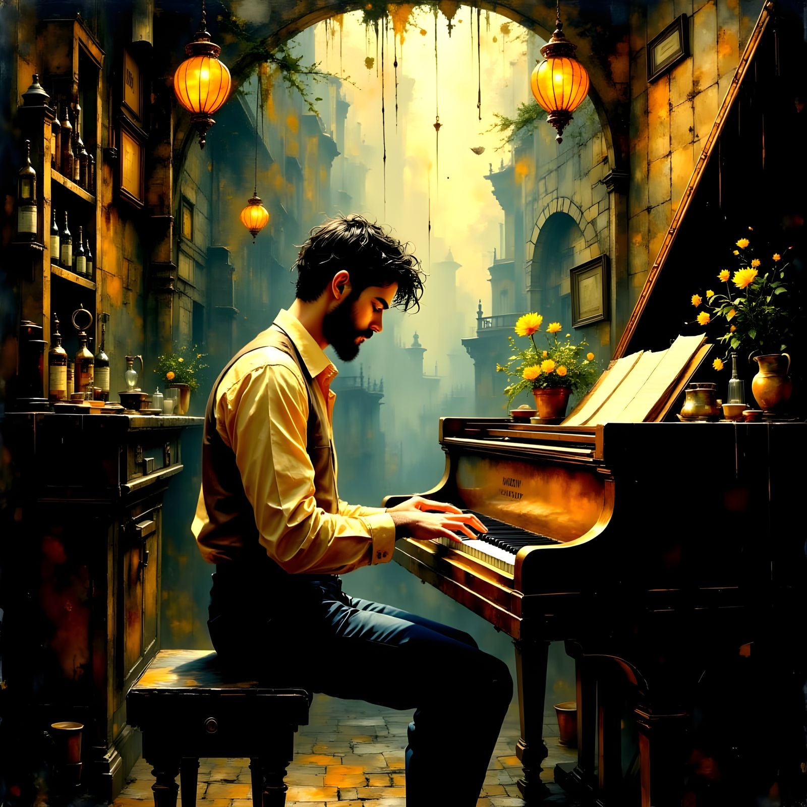 Piano Man Memory in Watercolor and Ink