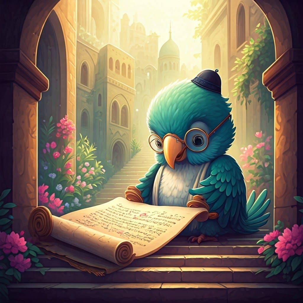 Whimsical Parrot Rabbi Studies Torah in Kawaii Jerusalem Vil...