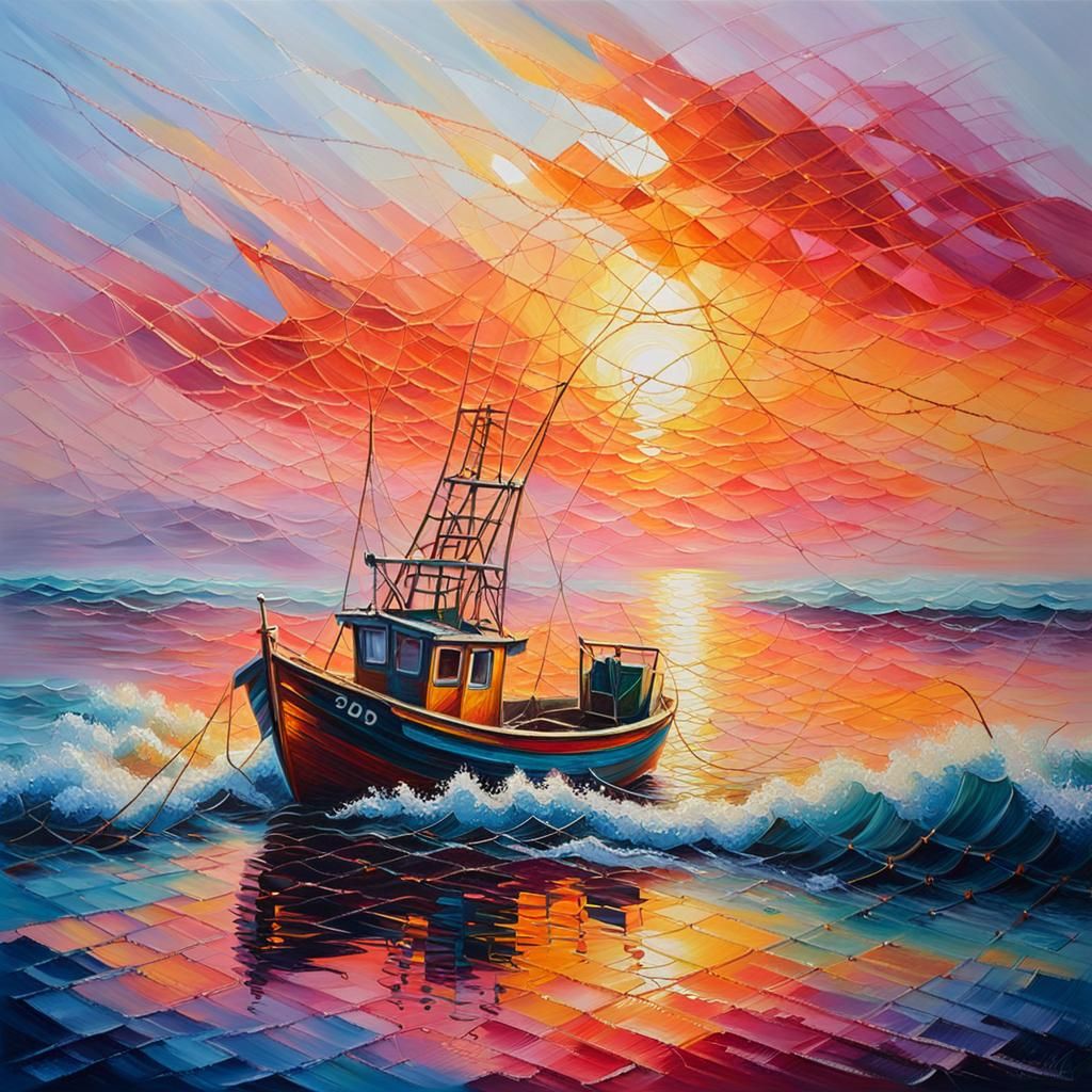 Fishing Boat at Sunrise: Vibrant Oil Painting