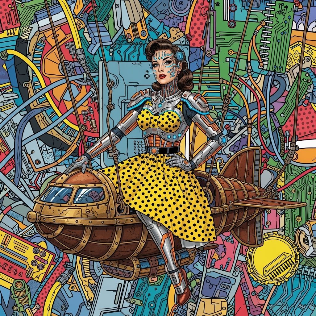 Retro Pin-Up Girl on Steampunk Zeppelin in Pop Art