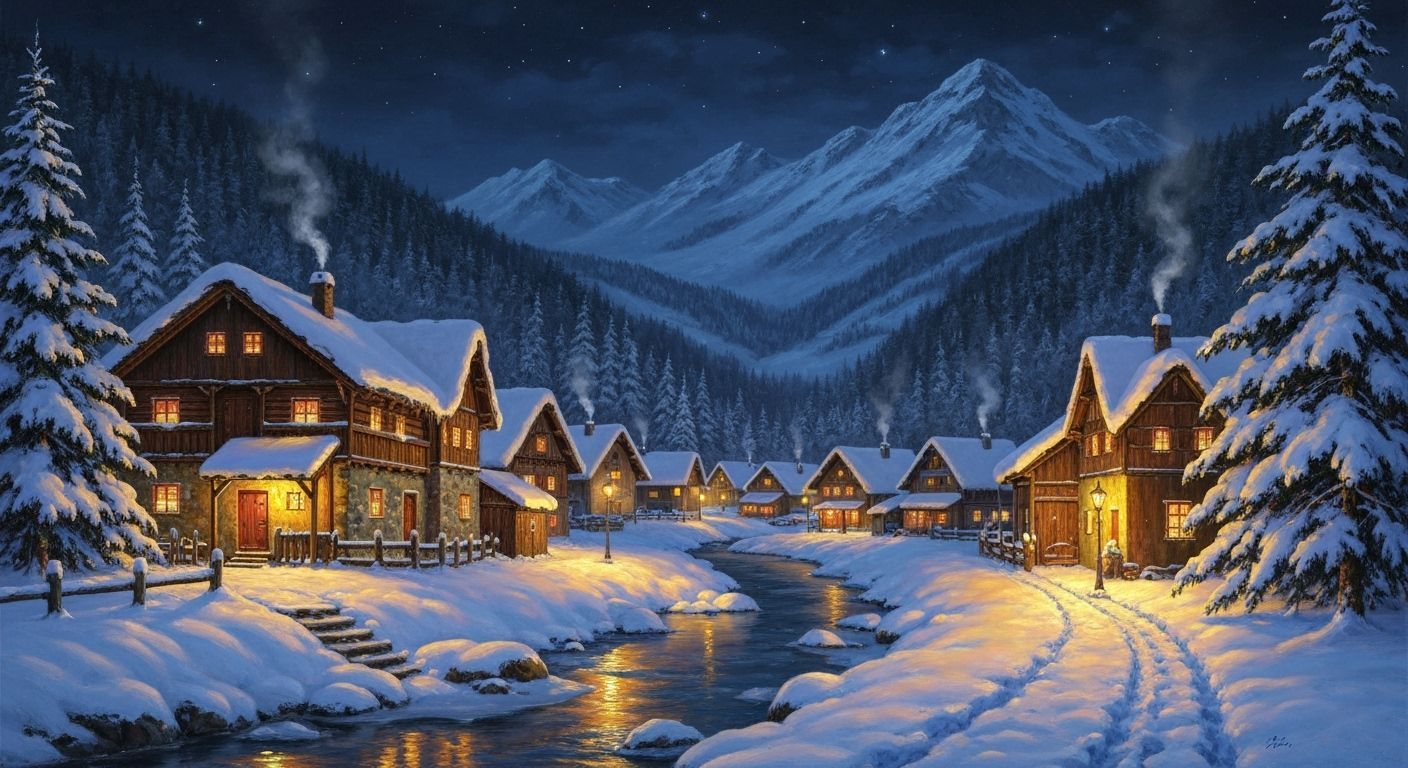 Peaceful Alpine Village at Night, Oil Painting