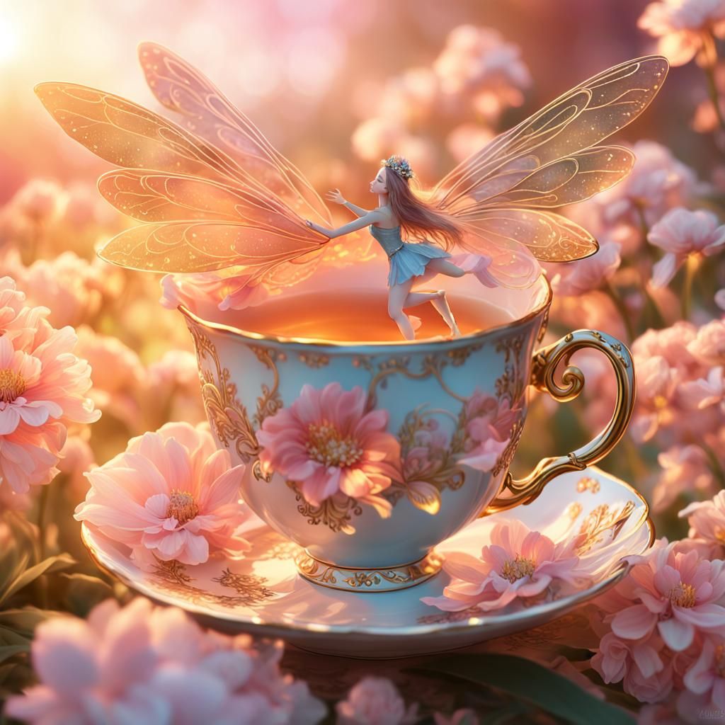 Floral Fairy with Golden Wings at Sunset in Digital Art