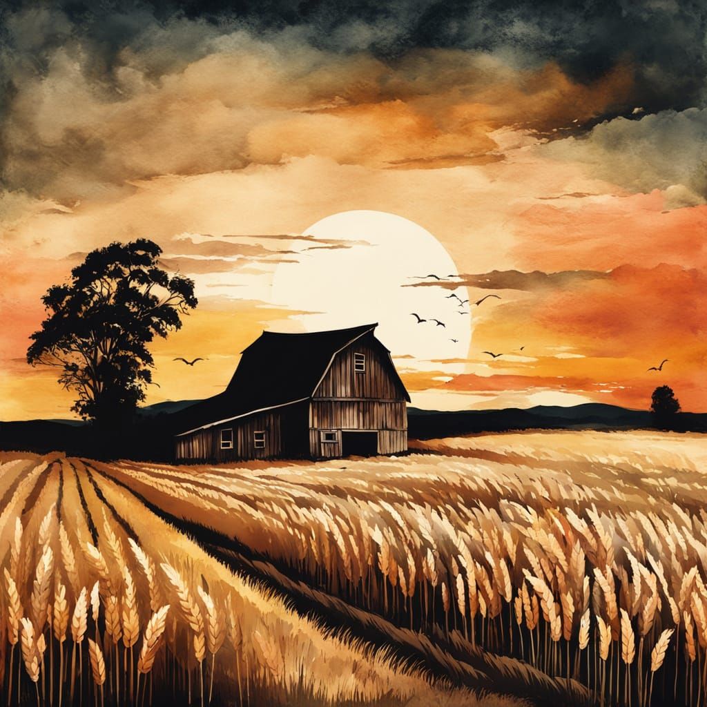Vibrant Wheat Field and Barn at Dusk in European Ink Style