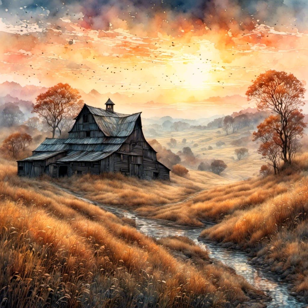 Dreamlike Sunset Over Misty Foothills Landscape