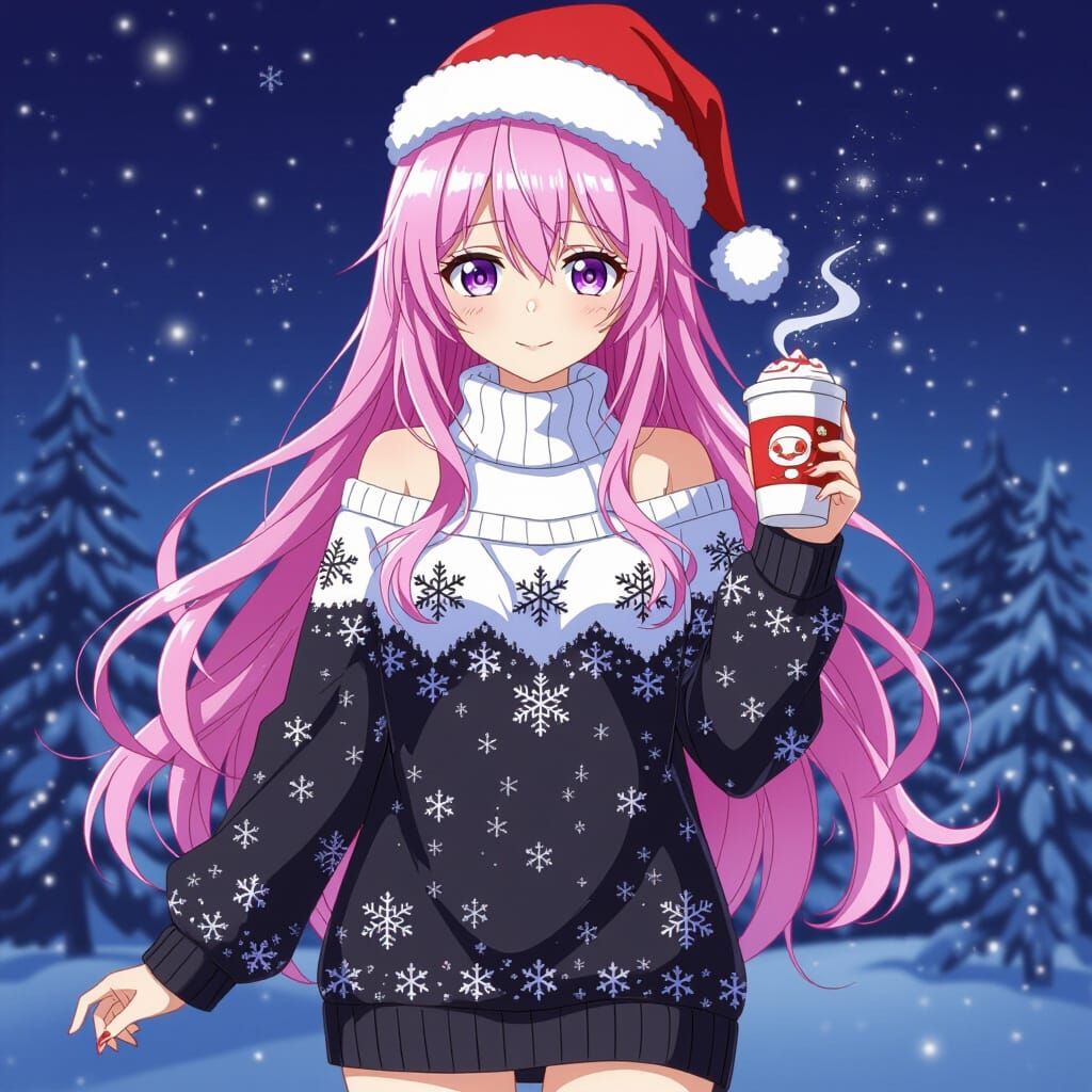 Anime Woman in Snow-Kissed Dress and Snowflake Prints