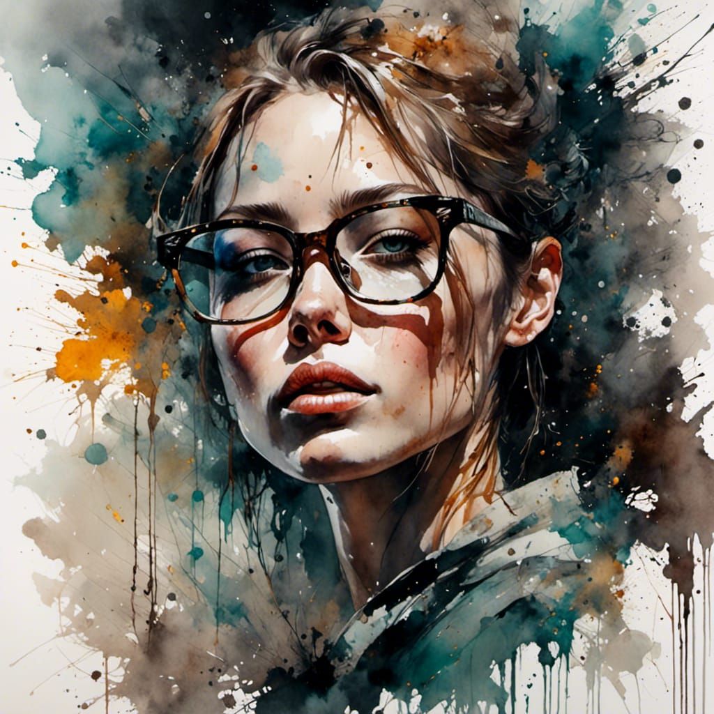 Beautiful Woman Reading in Library, Splash Art Style