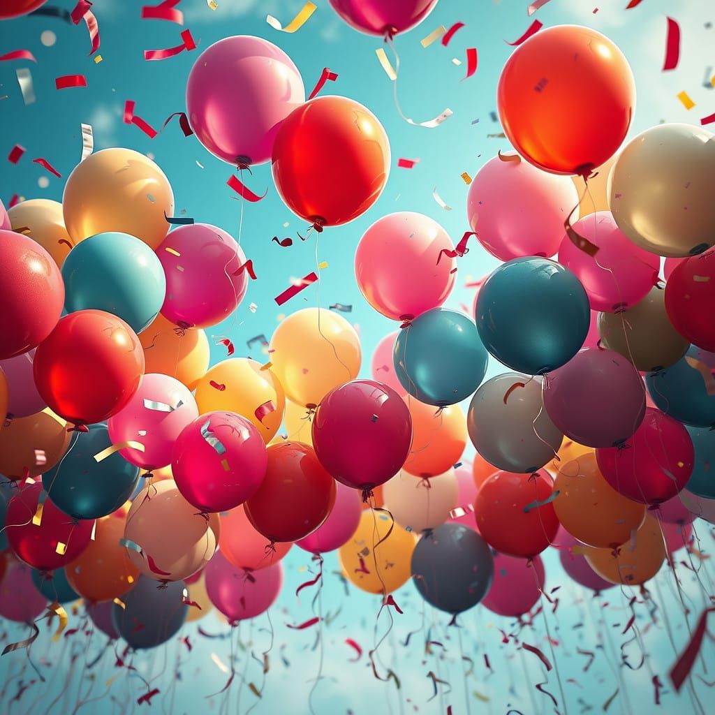 Vibrant Balloons and Confetti in Whimsical Paradise