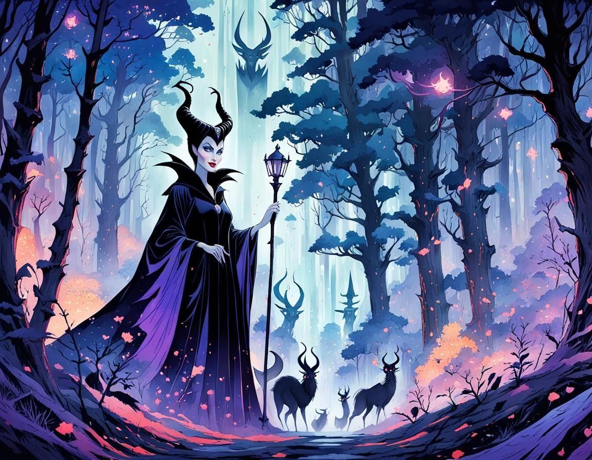 Maleficent in Dark Forest, Storybook Watercolor Illustration