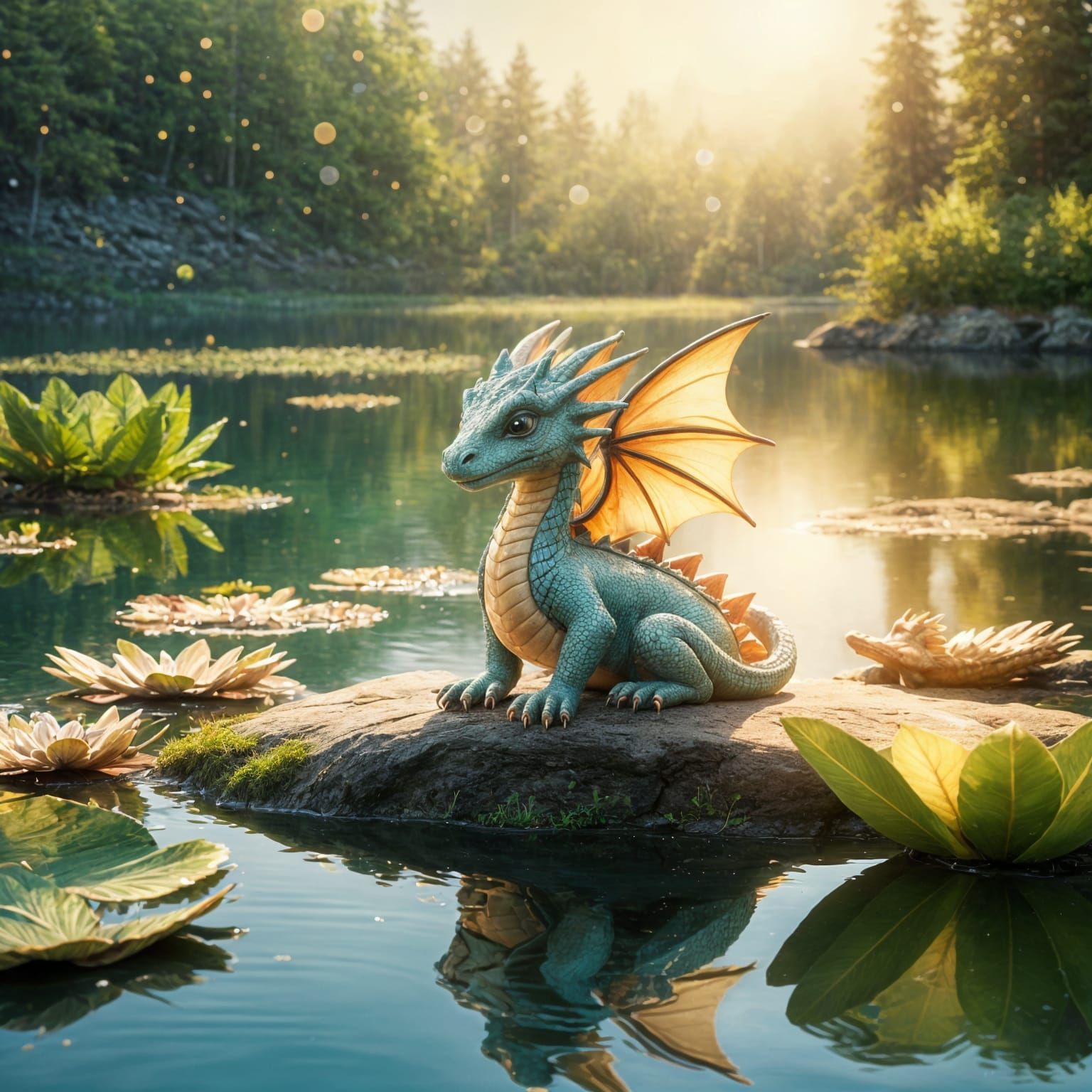Cute Baby Dragon Watching Fairies by Lake