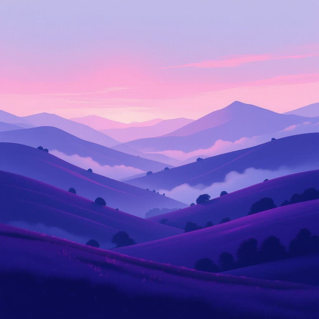 Dreamy Purple Landscape with Misty Mountains