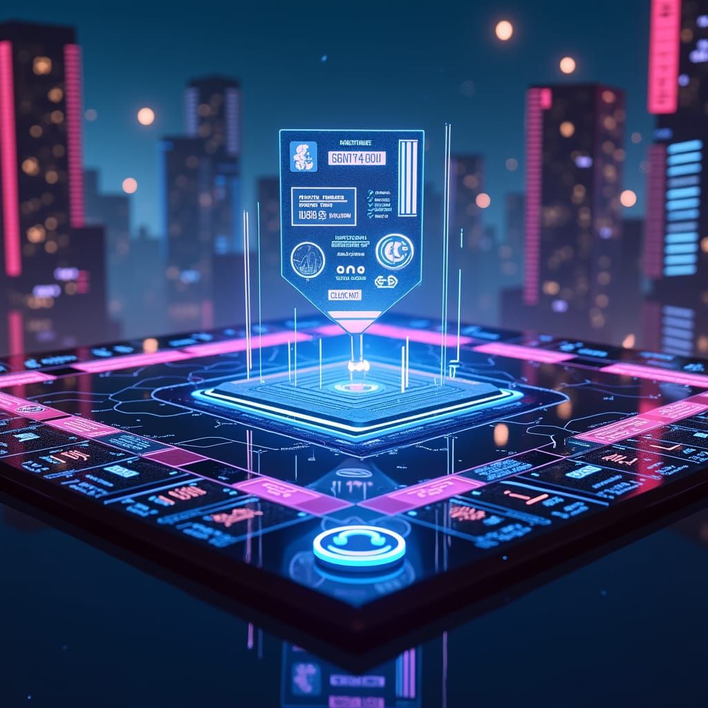 Futuristic Crypto Monopoly Board in Cyberpunk Style