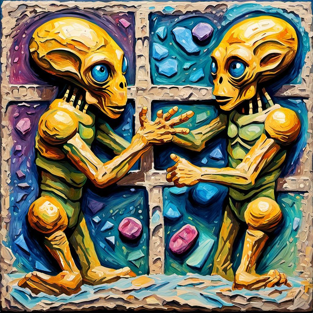 Alien Humanoids Play Tic-Tac-Toe: Impressionist Gouache Pain...