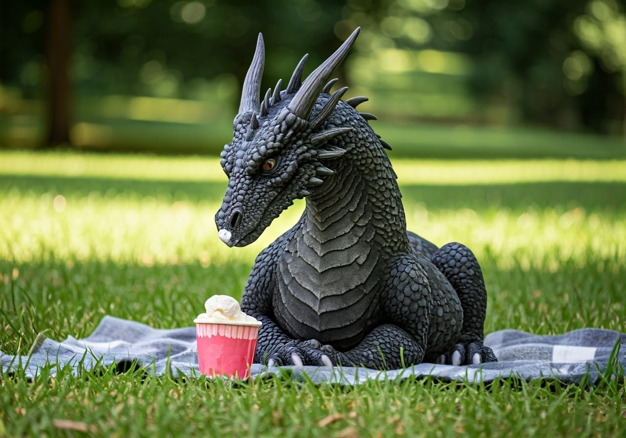 Elderly Dragon Enjoys Ice Cream in City Park