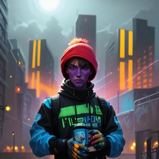 Futuristic Street Artist at Sunset: Cinematic Concept Art