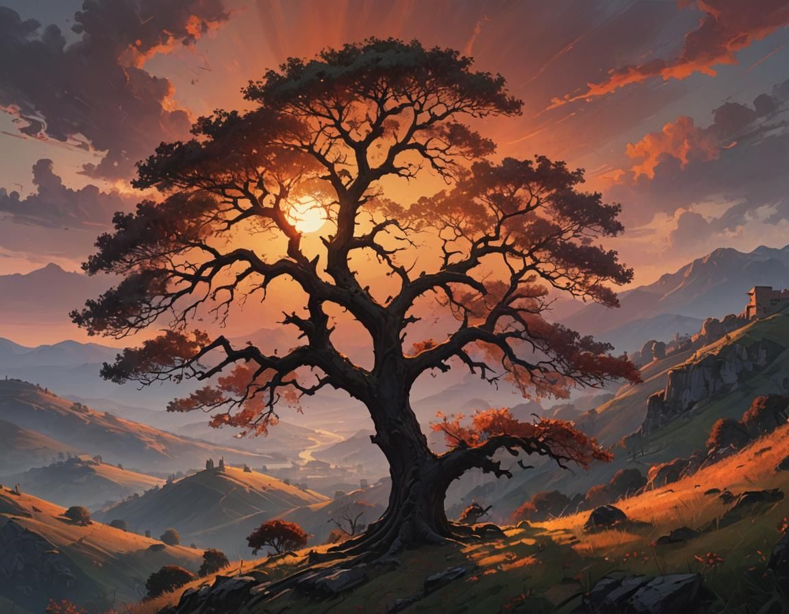 Epic Sunset Silhouette: Solitary Oak in Fantasy Landscape