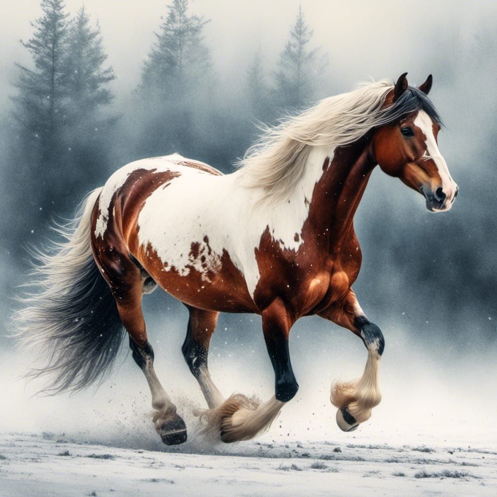 Clydesdale Horse Galloping Through Winter Snow, Watercolor S...