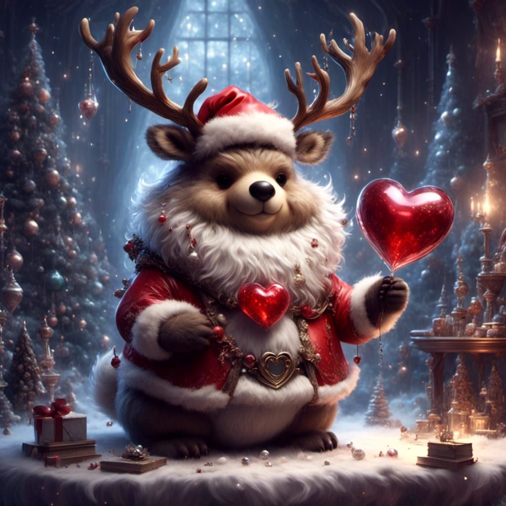 Chibi Reindeer with Santa Hat Holding Glass Heart