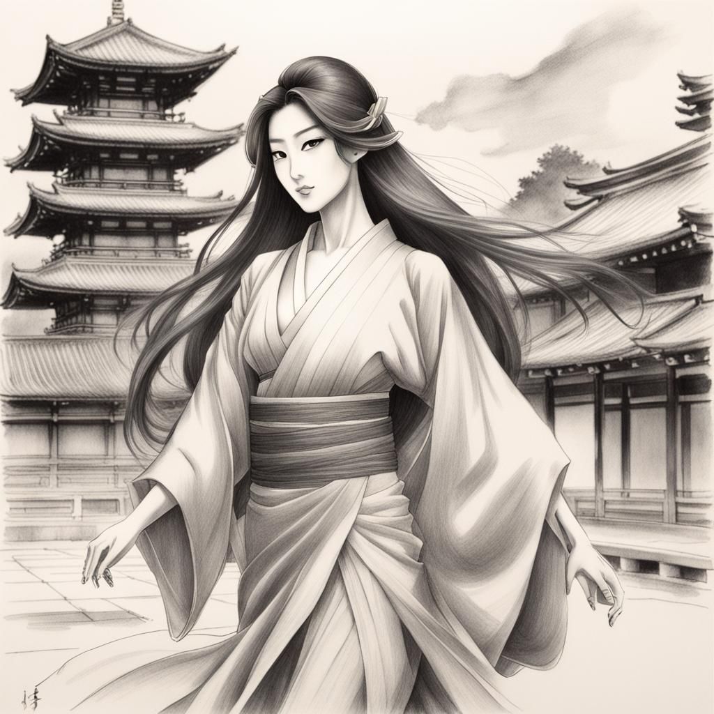 Graphite Drawing of a Dancing Japanese Beauty