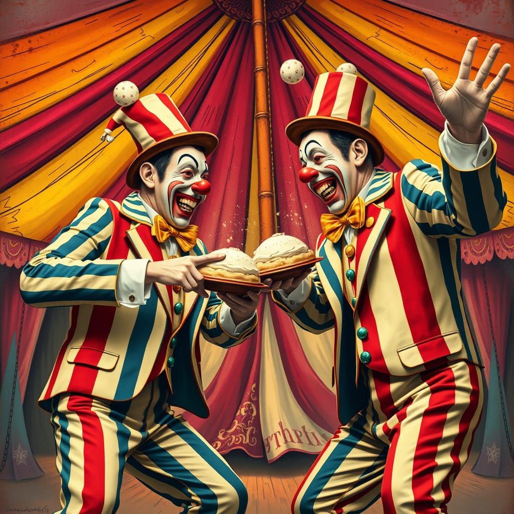 Joyful Circus Clowns Engage in a Colorful Pie-Throwing Fight