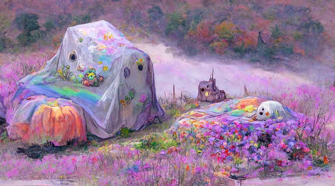 Cute Ghost on Floral Hill, Pastel Tonalism Art