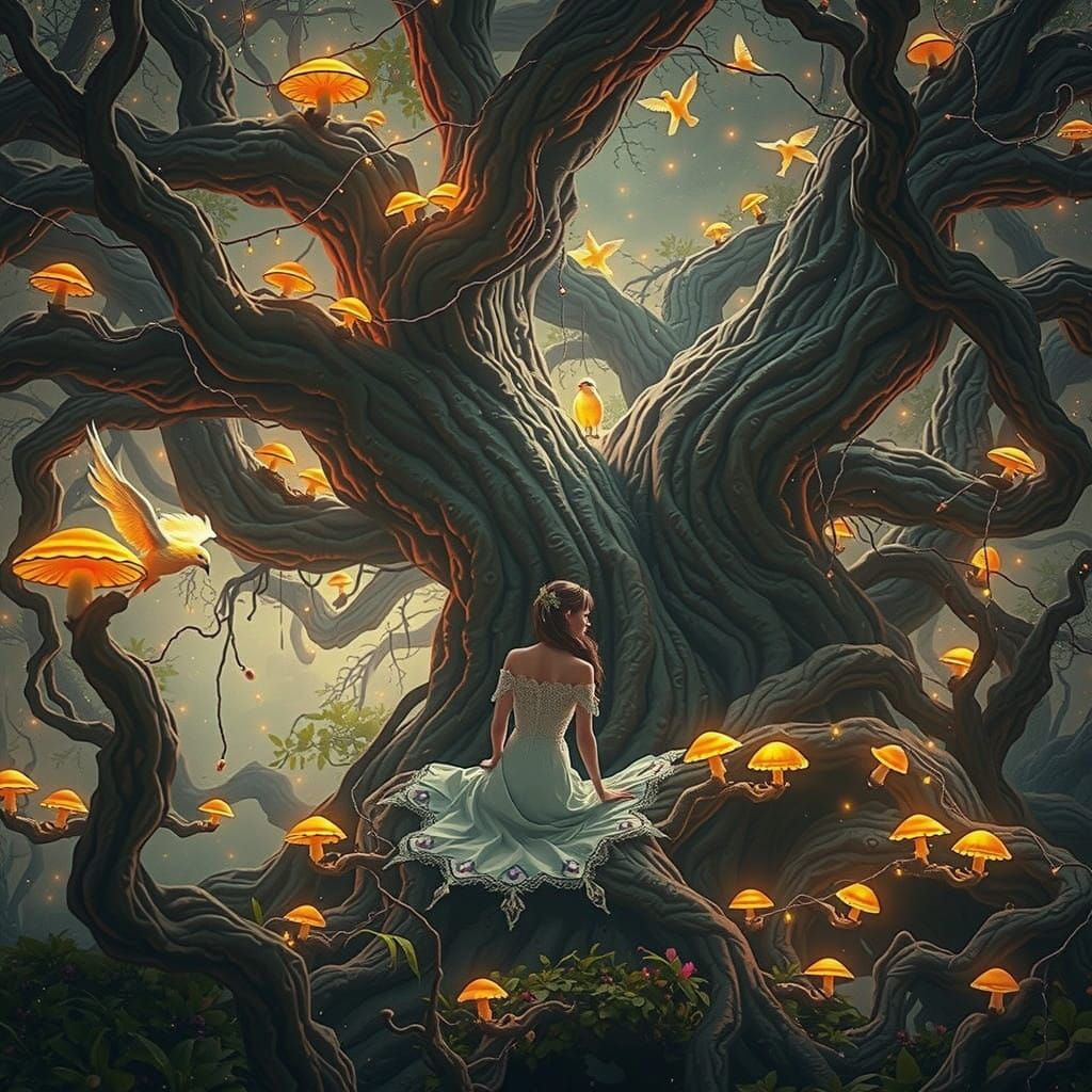 Mystical Woman Enchants Ancient Tree with Luminescent Energy