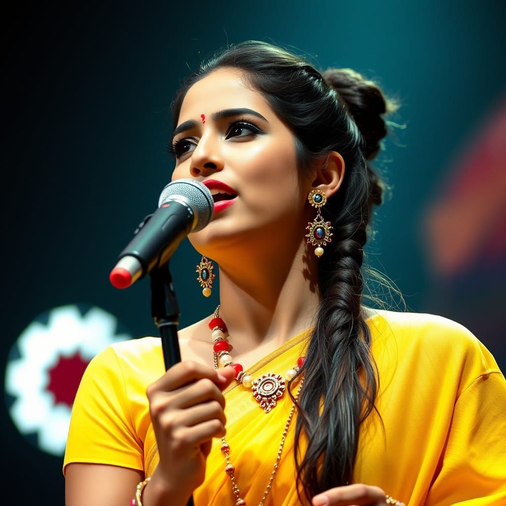 Attractive Indian Woman Sings On Stage in Yellow Dress