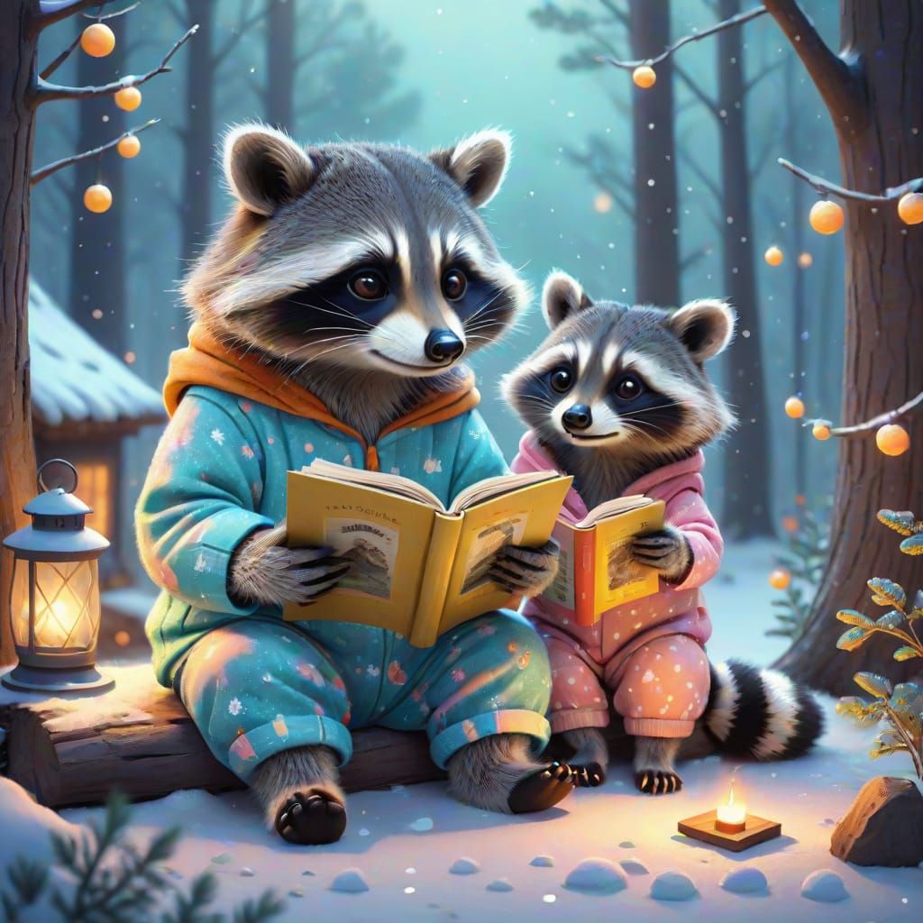 Raccoon Reading Bedtime Story: A Digital Art Scene