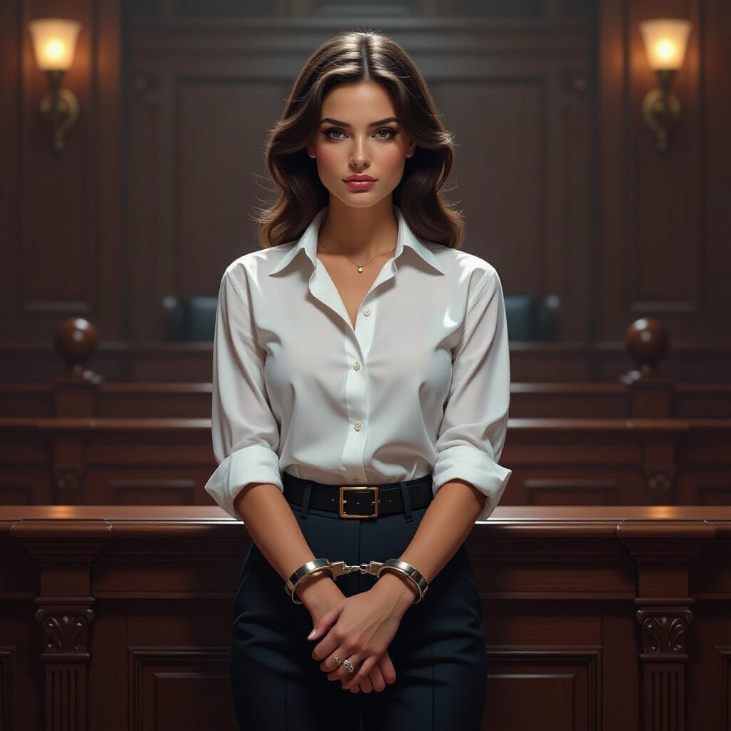 Confident Woman in Courtroom, Syd Mead Style