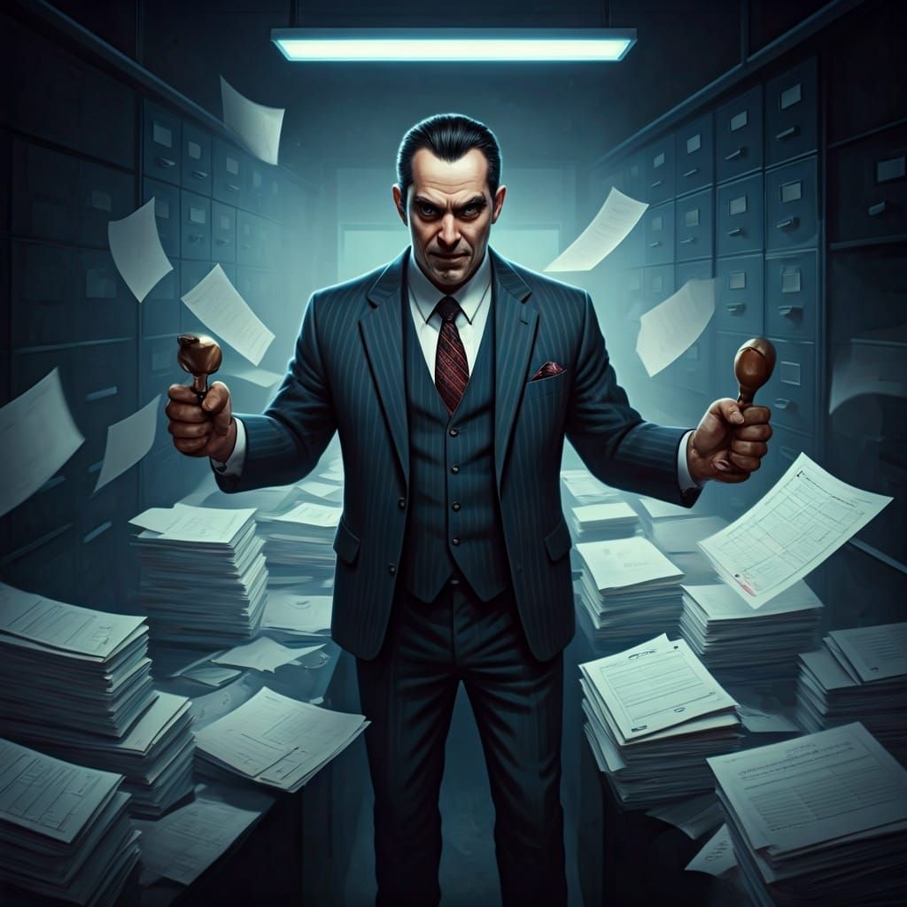 Bureaucratic Villain in Daumier-esque Office Nightmare