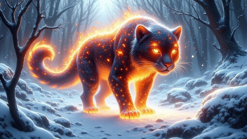 Vibrant Fire Leopard Embarks on Frosty Odyssey in Dreamlike ...