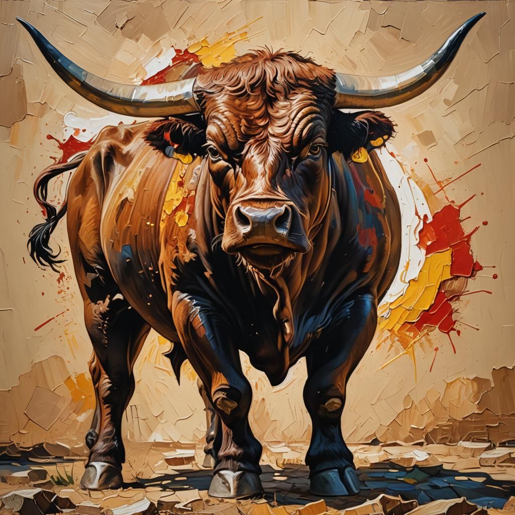 Hyperrealistic Bull in Spanish Landscape, Splash Art
